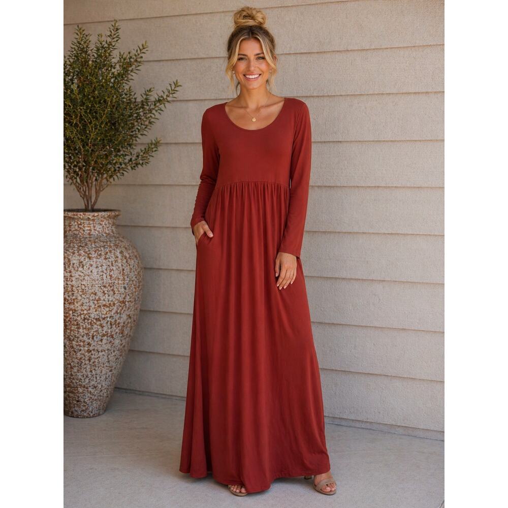 Entro Rust Maxi Dress Long Sleeve Empire Waist Flowy Boho Fall Dress Size Large